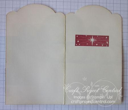 Attach to the front of the tag. Stamp the starry image onto the inside of the tag using Cherry Cobbler ink.