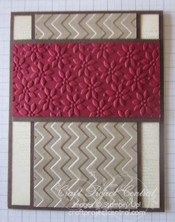 Attach towards the top of the card front over the embossed Crumb Cake card stock.