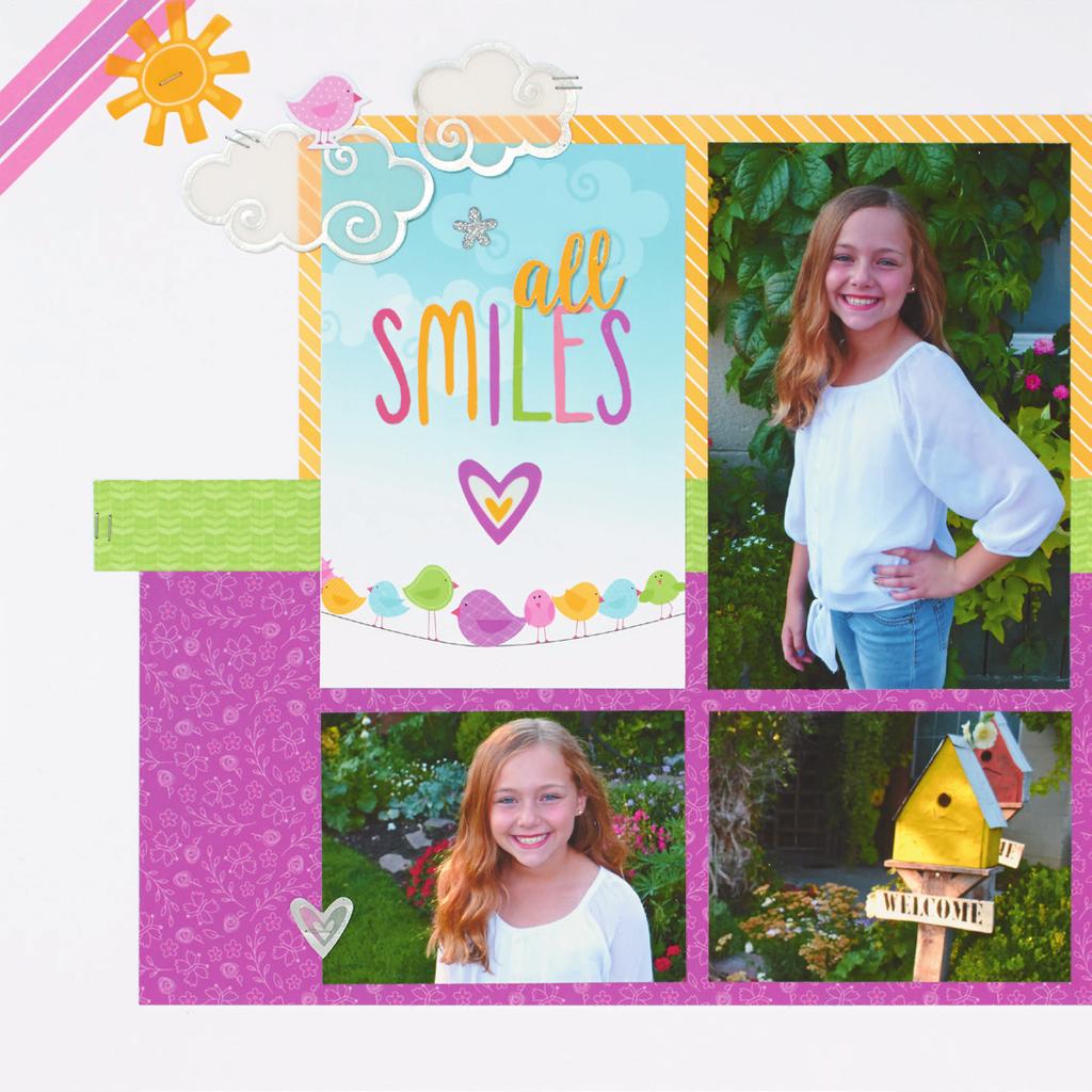 1 1 All Smiles Layout 1 3C 3F Title 3 1¼ " 3B 3E 3A 3D Journaling 3 1" 1" Use White Daisy Cardstock as page bases Use 6" µ 4" Picture My Life frog journaling card for journaling 3 Place Pixie and