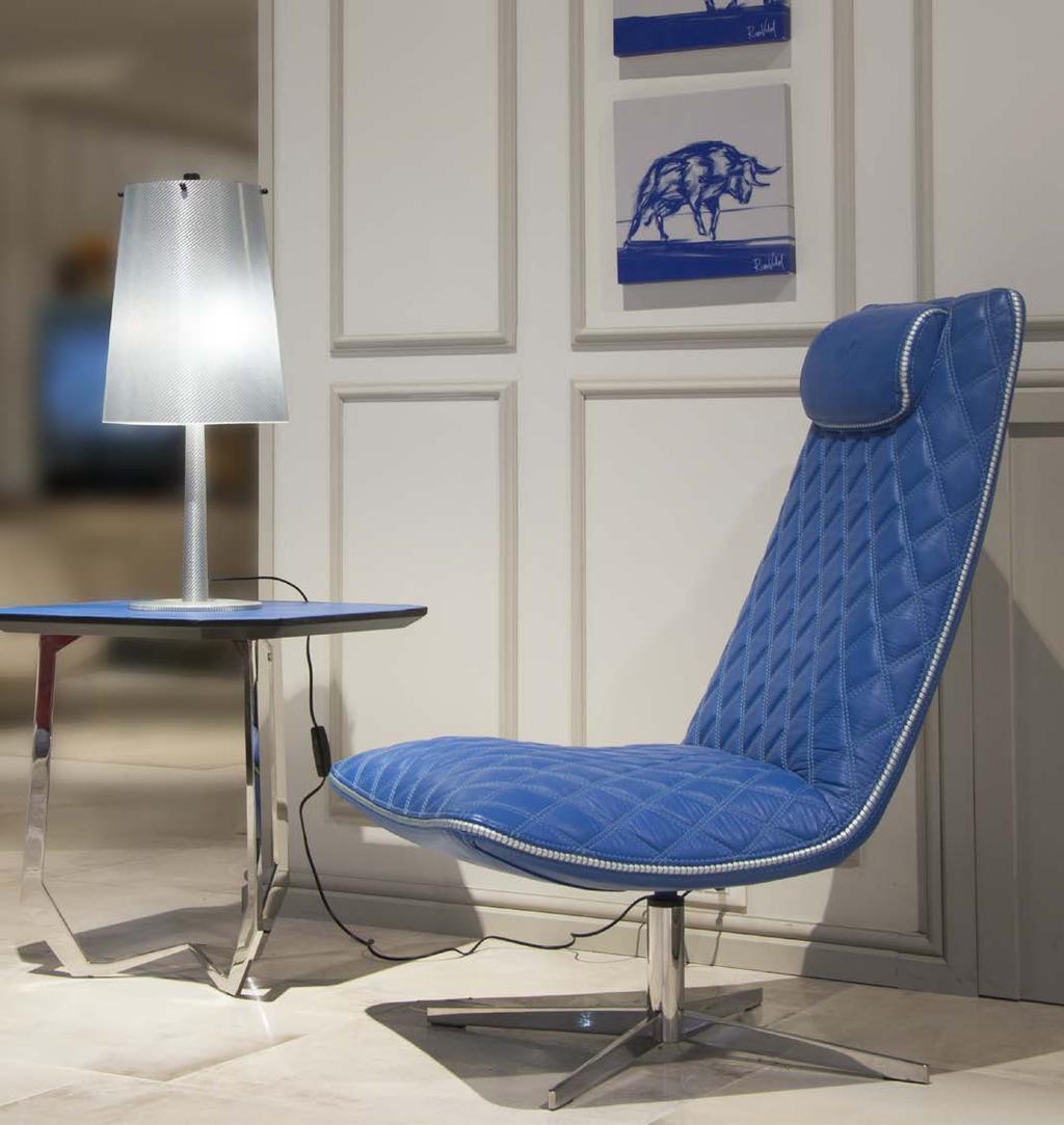 Conic lamp cm 26x20x73h alutex fibre Swivel chair ALICANTE Swivel chair cm 61x82x101h leather Alpine cobalt tone on tone stitching with double quilted headrest with printed bull logo piping in