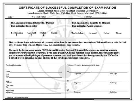 Issued to certify that applicant has passed examination elements and/or earned a
