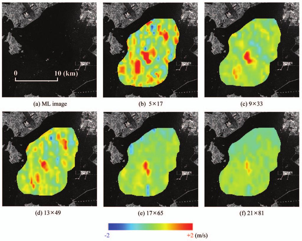 Korean Journal of Remote Sensing, Vol.23, No.5, 2007 Fig. 5. Examples of the SAR current velocity (colored region, m/s) with varying dc_avx dc_avy (July 17, 2003).