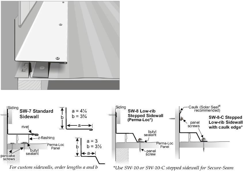 Fig. 18 Standard SW-7 Sidewall attaches to z-flashing with rivets and is covered on the wall side by siding. Side-Wall Flashing Sidewall installation is similar to that of gable trim.