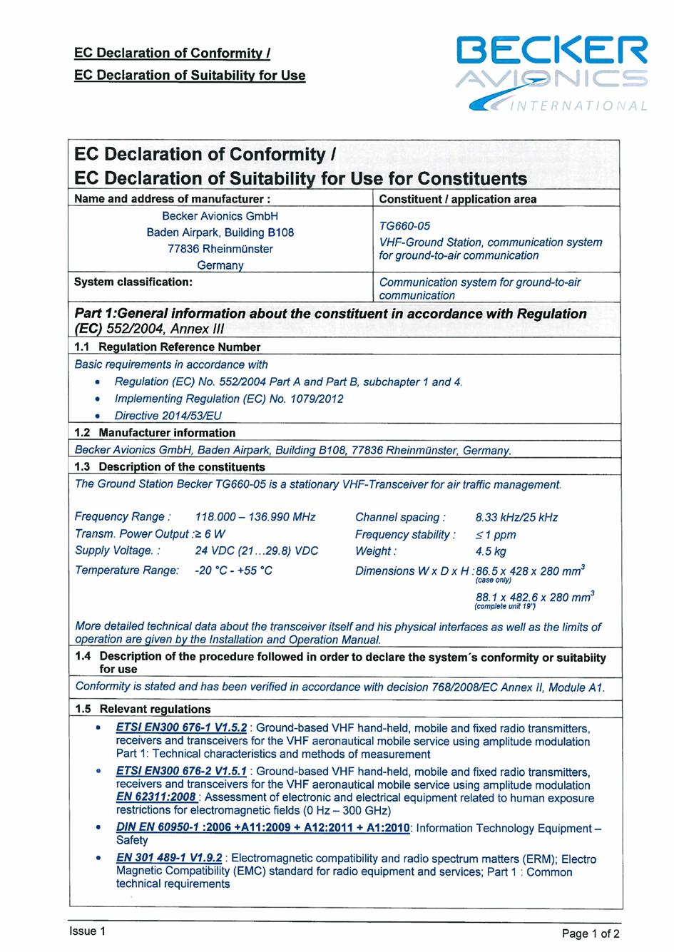 Certificates EC Declaration of Conformity TG660-05 Becker Avionics 4.