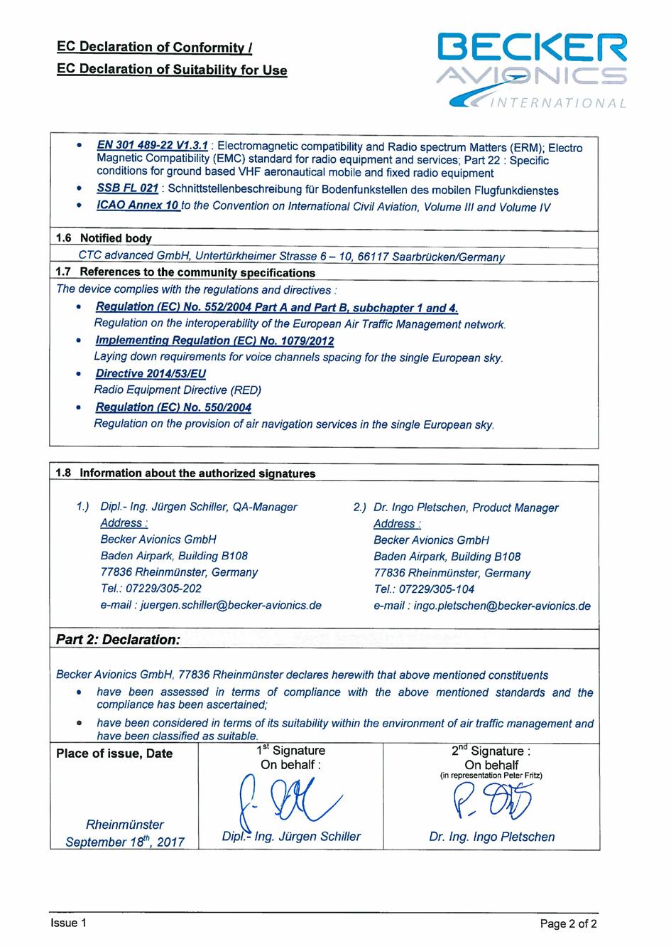 Becker Avionics Certificates EC Declaration of