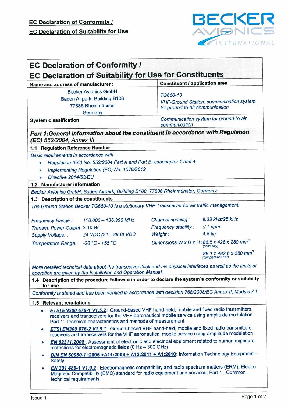 Certificates EC Declaration of Conformity TG660-10 Becker Avionics 4.
