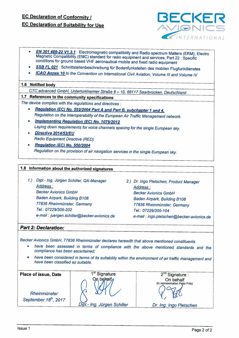 Becker Avionics Certificates EC Declaration of