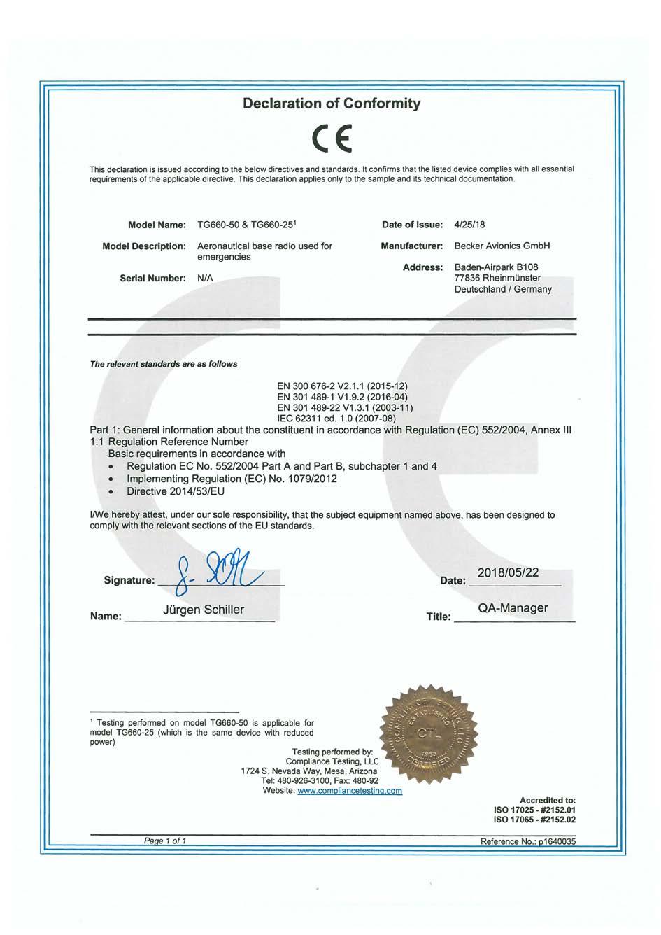 Certificates CE Declaration of Conformity TG660-25, TG660-50 Becker Avionics 4.