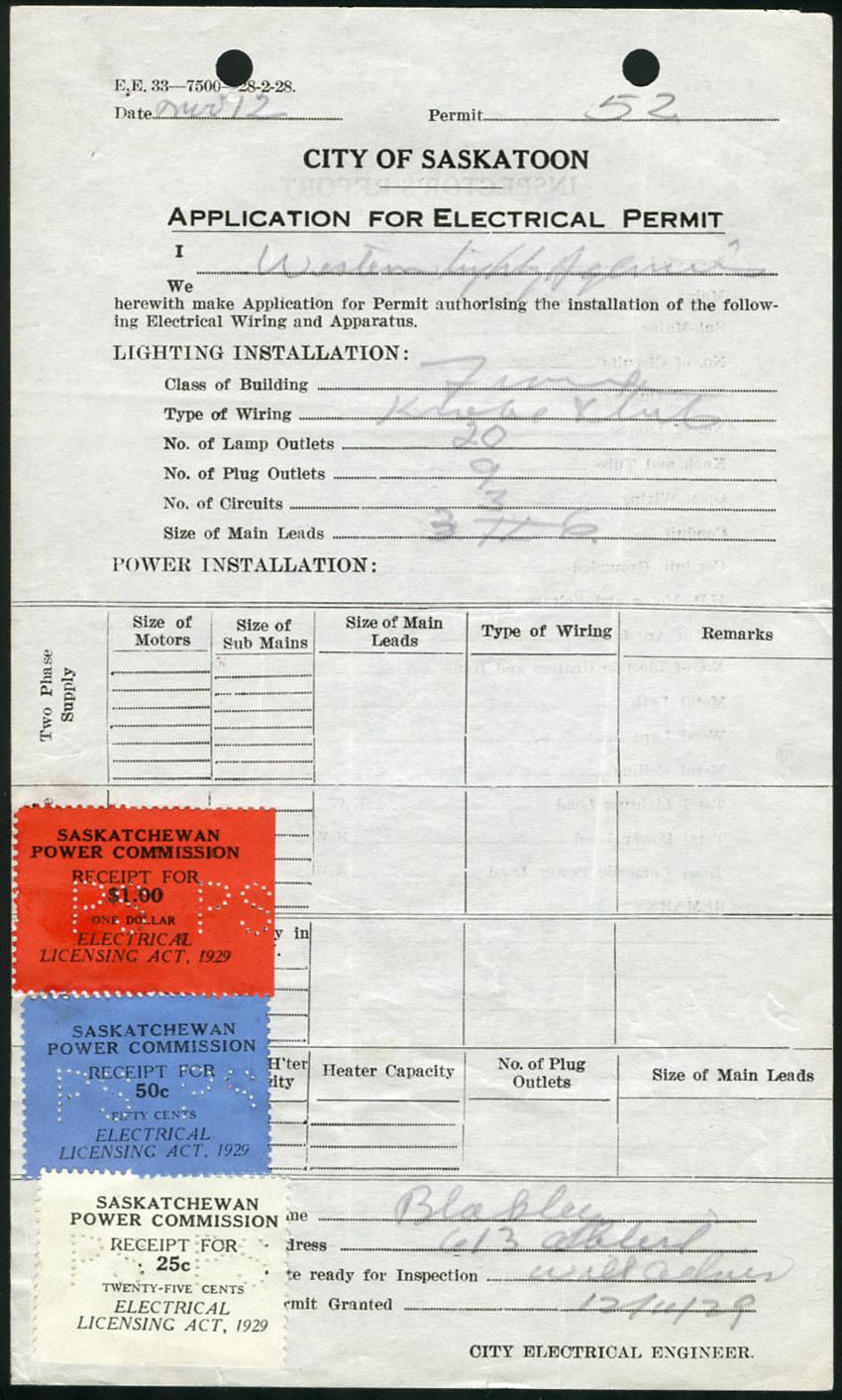 1929 Saskatchewan City of Saskatoon Application for Electrical Permit. The $1.75 fee is paid with a complete set of SE6-8 - 25c, 50c and $1.