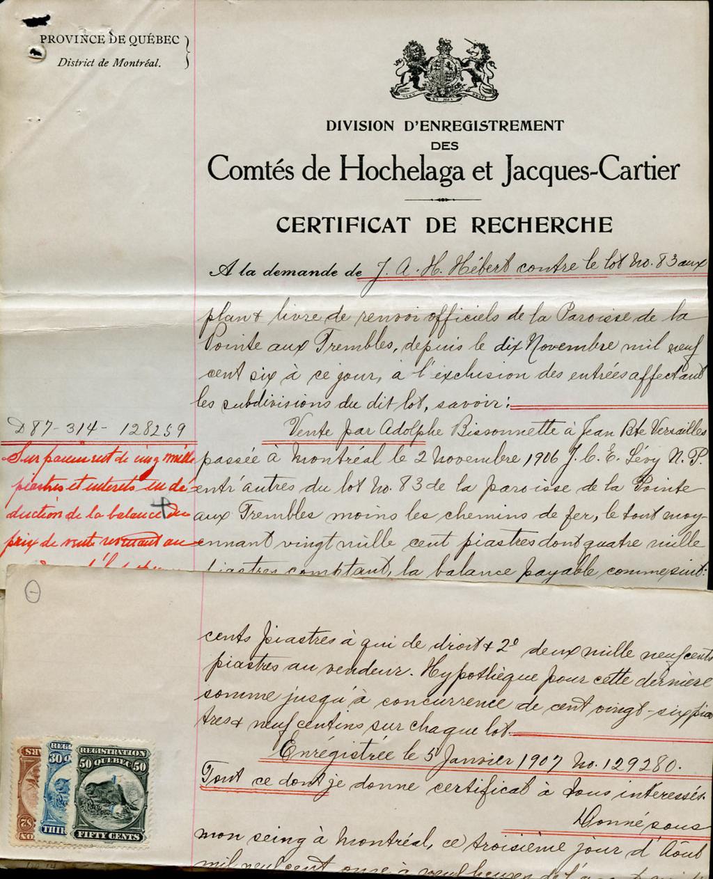 1907 Quebec 2 page legal size document. The rate of $2.80 was paid by QR8, 10 and QR14.