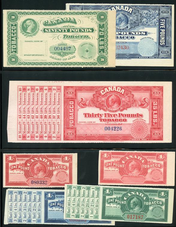 12 different 1883 and 1897 Canadian Tobacco stamps as shown.