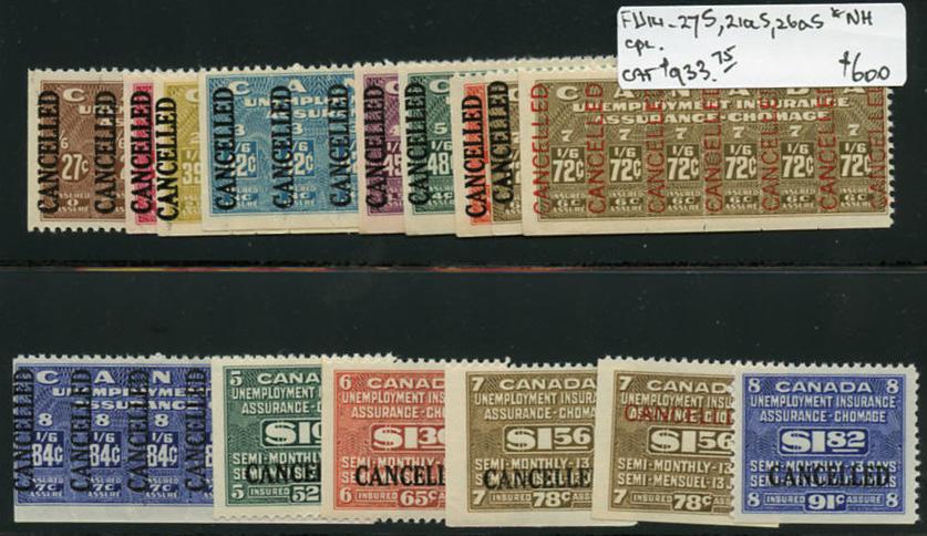 1948 Canada Unemployment Insurance Specimens Complete + 2 additional values with different colour SPECIMEN overprint. FU14-27S + FU21aS + FU26aS - 27c to $1.