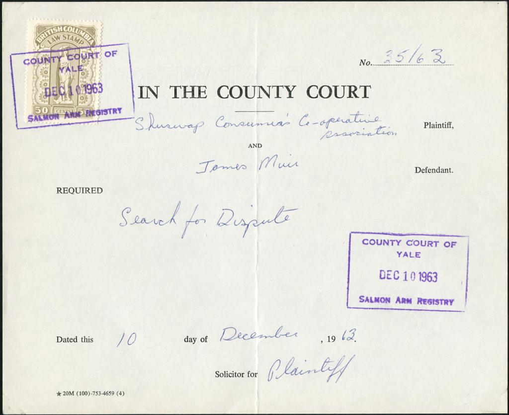 BCL52-50c on small 1963 British Columbia County Court Praecipe. First time I have seen this scarce County Court of Yale, Dec.