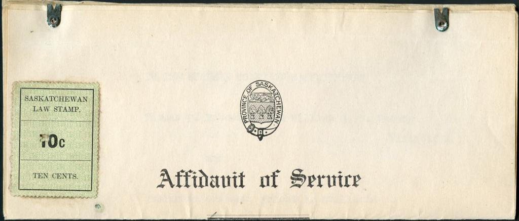 Very Fine condition for this - $45 (±US$36) 3 page 1908 Saskatchewan document Affidavit of Service Affixed 2 copies SL22-10c without period after C.
