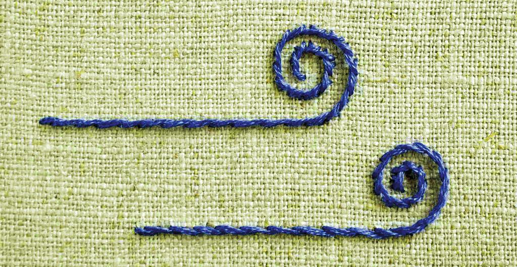 After following the general steps for embroidering, follow the steps for making the stem stitch. 1. Insert at some distance and exit a half stitch length backwards.