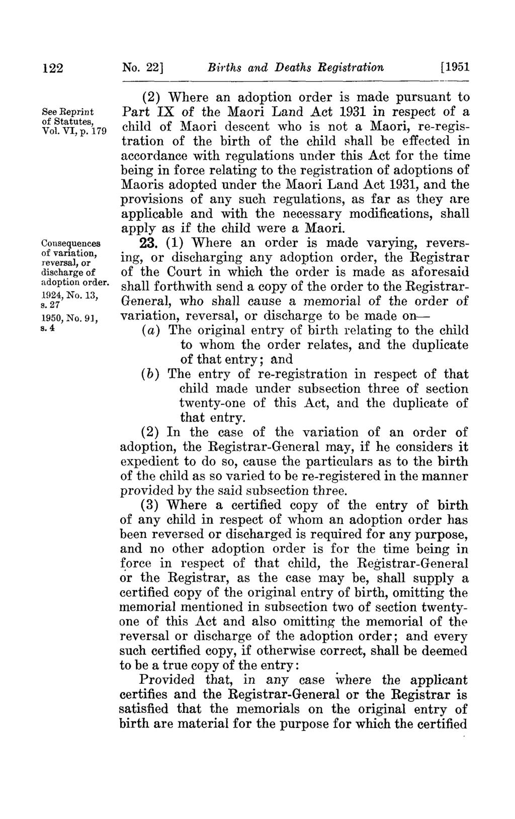 122 See Reprint of Statutes, Vol. VI, p. 179 Consequences of variation, reversal, or discharge of adoption order. s.27 1950, No. 9], s.4 No.