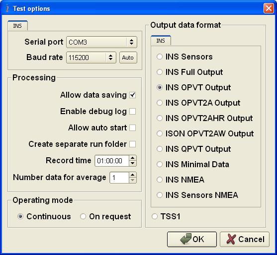 4. Options Menu 4.1. Test options To set operation parameters of the INS, COM port, format of output data, select «Test options» (Fig.3.7) from the «Options» menu (or click button).
