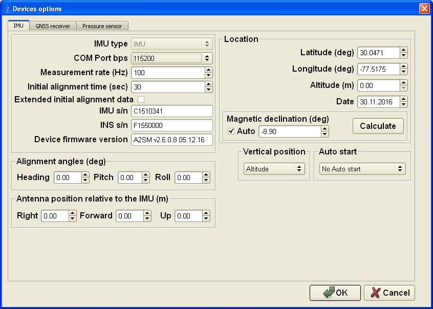 4.2. Devices options To set and control of INS operation parameters, select «Devices options» from the «Options» menu (Fig.3.7), or click button (Fig.3.1). A «Devices Options» (Fig.4.2) dialog box will be opened.
