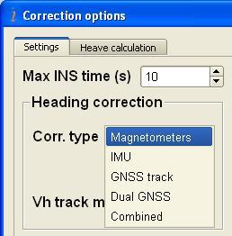 4.3.1. Settings tab of «Correction options» window There are the next settings for adjustment of the INS algorithm (see Fig.4.14): Max INS time is the maximum time (in seconds) of autonomous INS operation at absence of GNSS data (GNSS outage).
