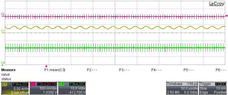 Hz Ch1: Power supply output current (5A/div, 50us/div, DC coupling, 20MHz BWL) Ch2: Power supply output voltage  KHz