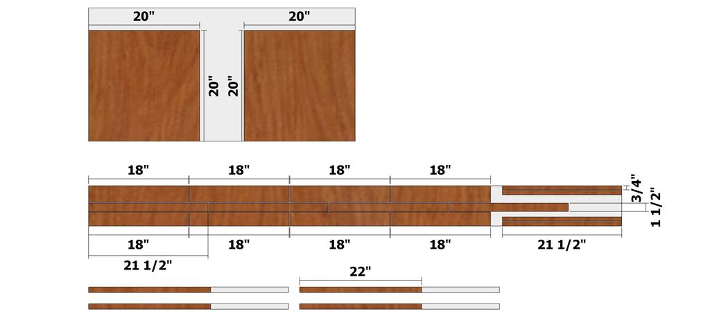 K cutting DIAGRAM 3/4-inch x 2- x 4-foot sheet of plywood 1 x8x8 1 - x 36-inch square dowels Parts Legs (4) - 1 x 1 x 22 Top Rails (4) - 3/4 x 3 x 18 Shelf Rails (4) - 3/4 x 2 1/2 x 18 Top (1) - 3/4