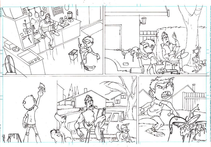 Now the inked outlines look like a page in a coloring book. Kyle fills in details, along with texture and shadows.