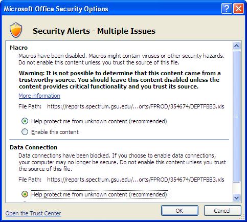 The Microsoft Office Security Options page is