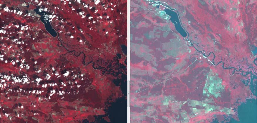 ) Figure2 stacked True-Color Landsat 4 TM image (left) collected August 1985 and True-Color Landsat 7 ETM image