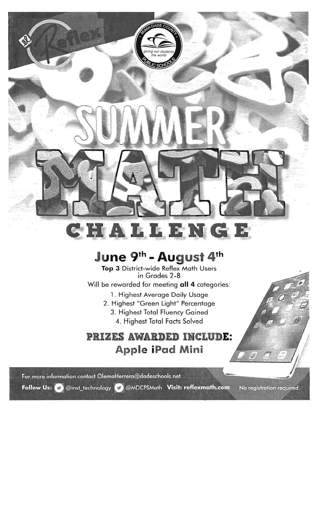 June 9 th - AU9:USt 4 th Top 3 District-wide Reflex Math Users in Grades 2-8 Will be rewarded for meeting all 4 categories: 1.