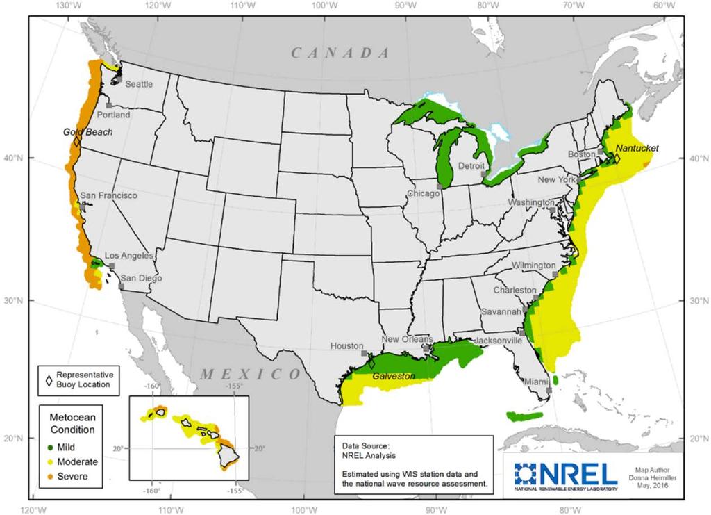 O&M Parameter Study Three sites were selected to represent the range of metocean conditions across the U.S. offshore wind resource (model requires 10 years of correlated wind and wave data) ECN O&M Tool set up for each site (i.