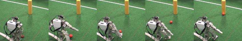 The initial ball position and the parameter of the kicking motion affects sensitively the ball trace in the robot s view.