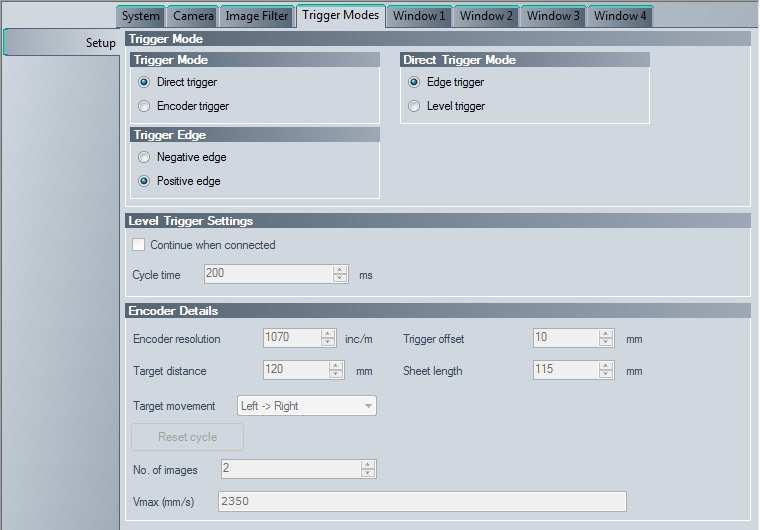 Vision Configurator Software 7.3.4 Trigger Modes Tab Trigger Modes Tab, Setup Menu Item Figure 7.