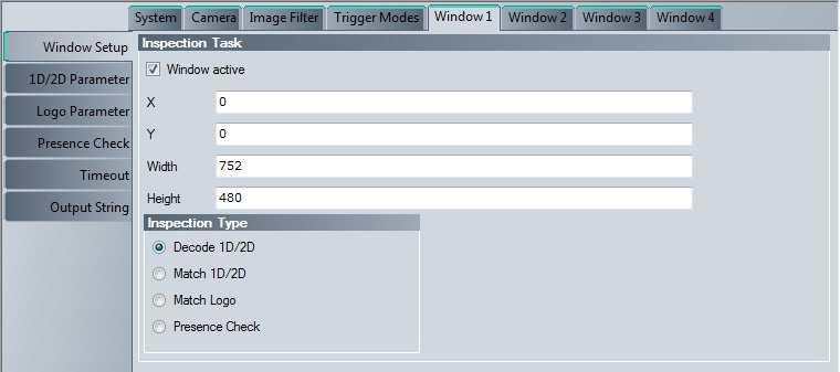 Vision Configurator Software 7.3.5 Window Tab Four different tabs are available: Window 1... Window 4. Each tab has the same layout. Window Tab, Window Setup Menu Item Figure 7.