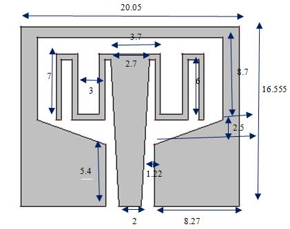 A High Efficient Compact CPW Fed MIMO Antenna for Wireless Applications Figure 1 Geometrical view of proposed antenna The length and width of the CPW fed slot is 17.05mmx 10.8 mm.