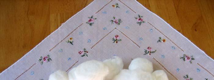 Materials Needed One Lace or White Embroidered handkerchief Handful of cotton balls 12 inches of 1/4