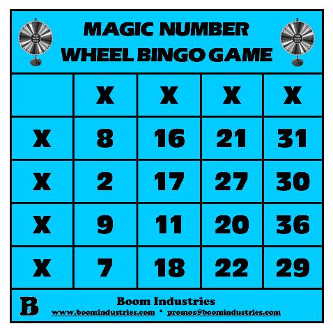Magic Number Wheel Bingo Infinity Wheel Bingo The Magic Number Wheel is played on your TVs. Give all your patrons one FREE Wheel Bingo Card. One Wheel Bingo Card per person.