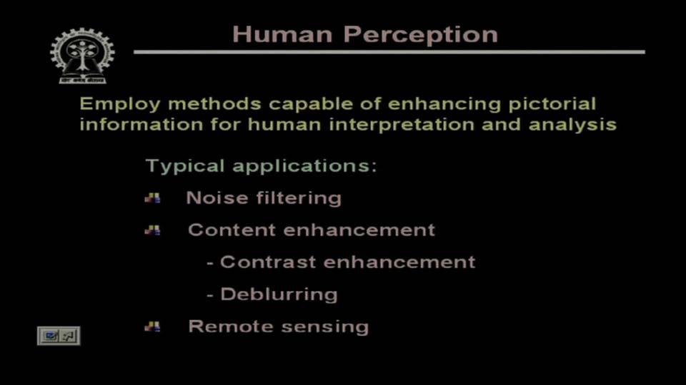 (Refer Slide Time 03:23) Now these methods mainly employ the different image processing techniques to enhance the pictorial information for human interpretation and analysis.