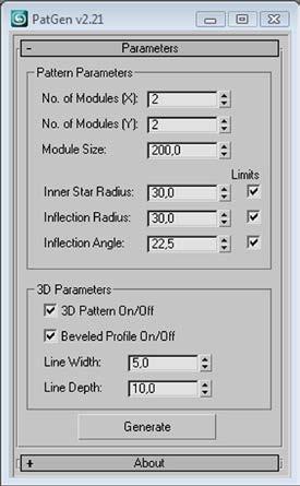 5 Figure 6 The script interface in 3ds Max The parameters in the GUI of PatGen are grouped under two sections: pattern parameters, and the 3D parameters.