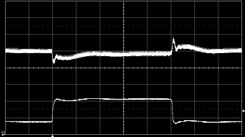 Top trace: output voltage (1. V/div.). Bottom trace: input voltage (5 V/div.). Time scale: (1 us/div.). Output Ripple & Noise Output Load Transient Response Output voltage ripple at: T p1 = +25 C, V I =, I O = 6 A resistive load.