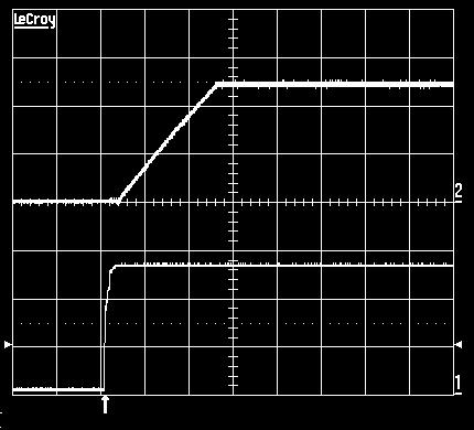 Top trace: output voltage (5 V/div.). Bottom trace: input voltage (20 V/div.). Time scale: 0.5 ms/div. Output Ripple Transient Output voltage ripple (20 mv/div.) at T Pcb = +25 C, V I = 53 V, I O = 7.