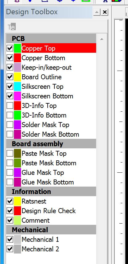 The design toolbox, on the left side of the UB window, lists all these layers (and more). The toolbox allows us to select which layers are visible and which layer is currently active.
