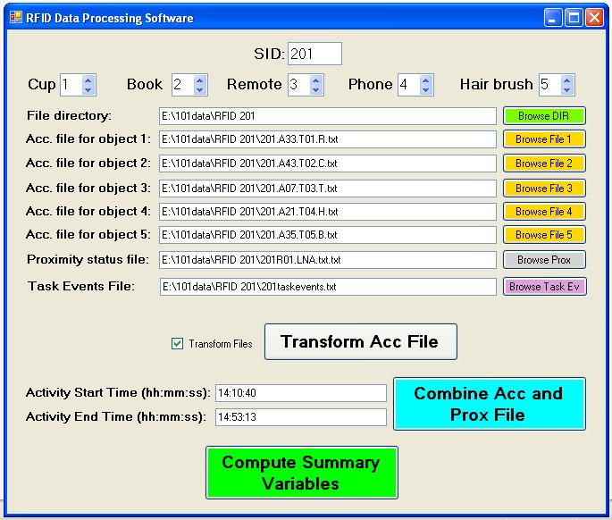 Start Select data files for processing (Figure 13) Module to transform accelerometer data files Module to combine accelerometer and proximity status files using time stamp ID (Figure 16) Module to