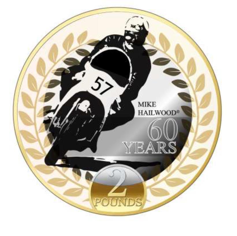Curreny (Tourist Trophy) ( 2 Coins) Order 2018 Artile 5 Figure 2 Coin One - The 60th Anniversary of Mike Hailwood in the TT Raes Coin Two 40th Anniversary of Mike Hailwood s return to the TT in 1978.