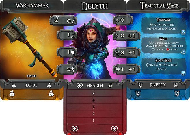 ) Each player takes Loot, Health, and Energy tracker cards and slides them under the Equipment, Hero, and Ability cards respectively.