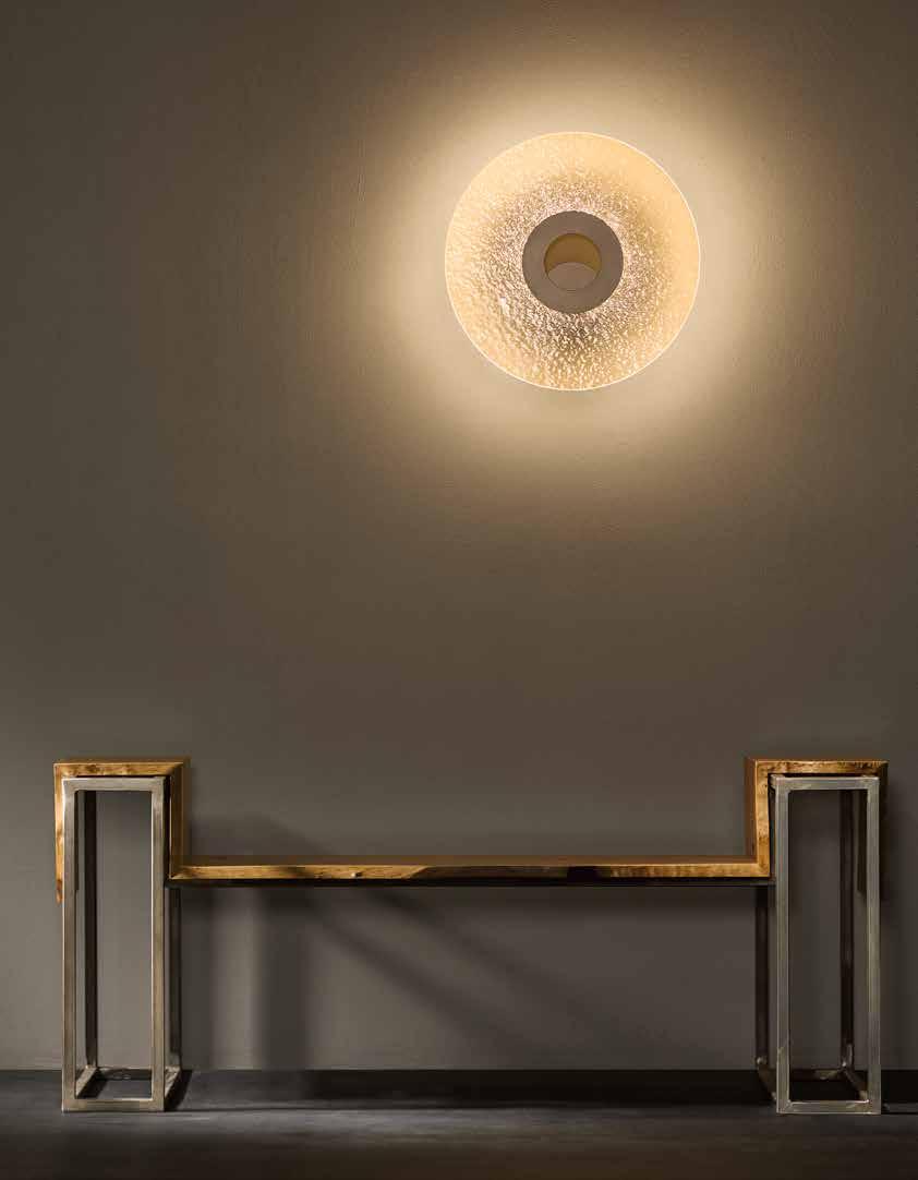 orbit sconce 209335 21" dia x 3" proj ADA dedicated LED lamping shown: soft gold finish / 21" dia clear textured glass Gentle halos of reflected