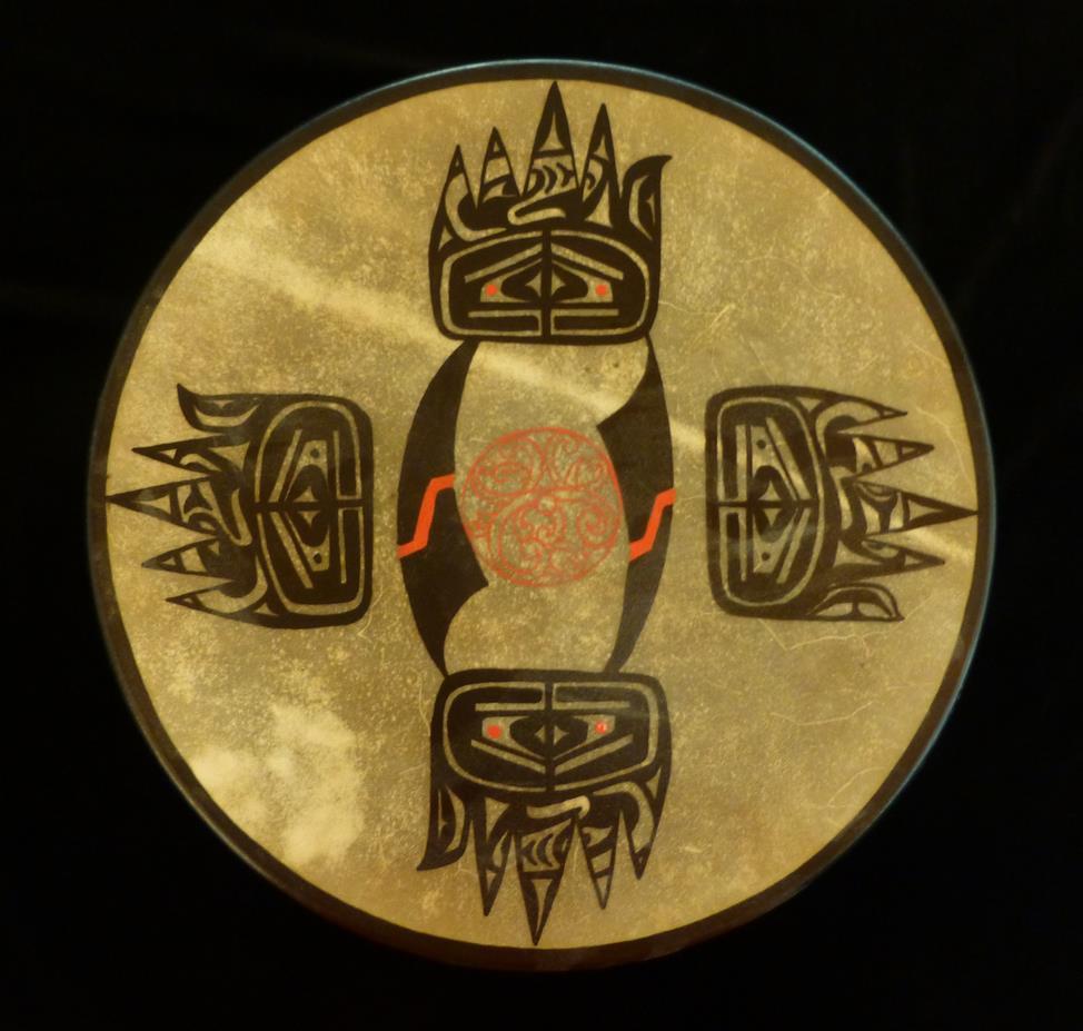 John Edward Smith Skokomish This hand painted drum features the logo of the Longhouse: A welcome hand, raised in four directions.