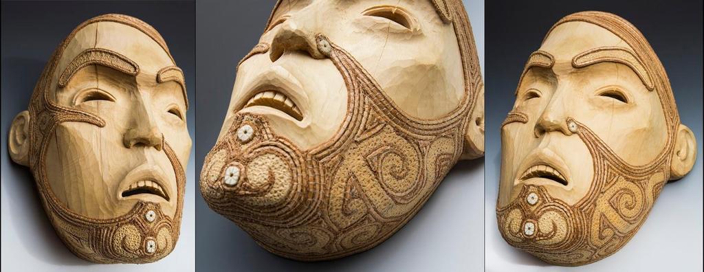 Lyonel Grant and Jan Hopkins Ngāti Pikiao, Te Arawa; Japanese American (respectively) A collaborative mask carved by Lyonel Grant, featuring weaving by Jan Hopkins.