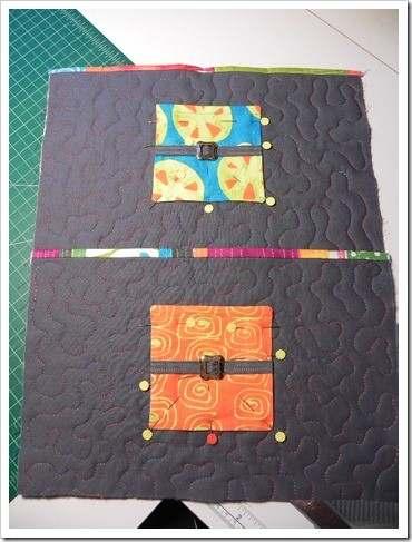 Place the double ruler pocket piece onto the quilted front, centered left to right and having the bottoms