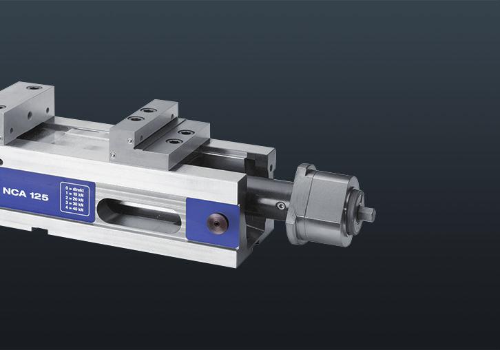 NCA High pressure vice ALLMATIC compatible and with mechanical force intensifier ALLMATIC compatible jaw interface > > Clamping range adjustment only through cranks (no jaw offsetting necessary) > >