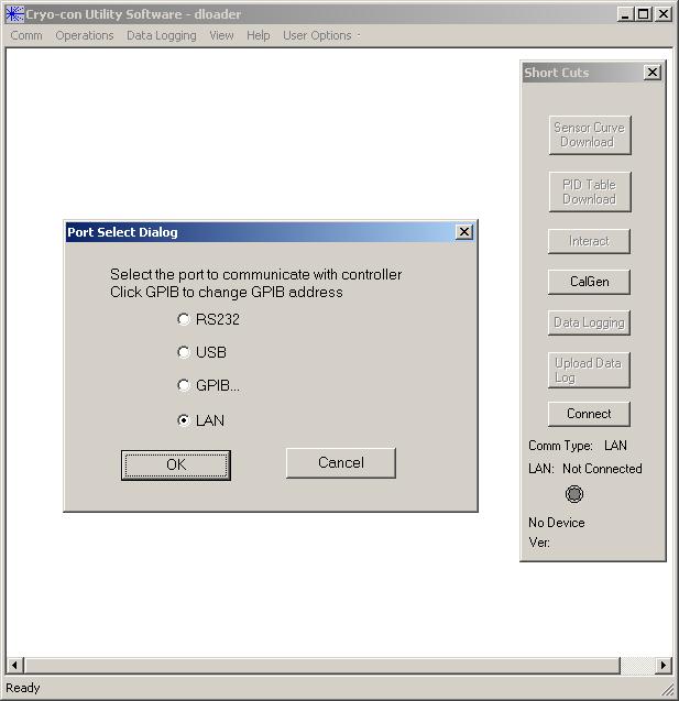 Cryo-con Utility Software Connecting to an Instrument The desired remote interface connection may be selected by clicking Comm>Port Select from the main menu.